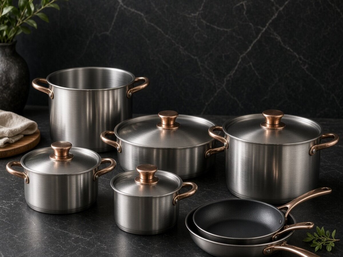 A coordinated collection of stainless steel cookware
