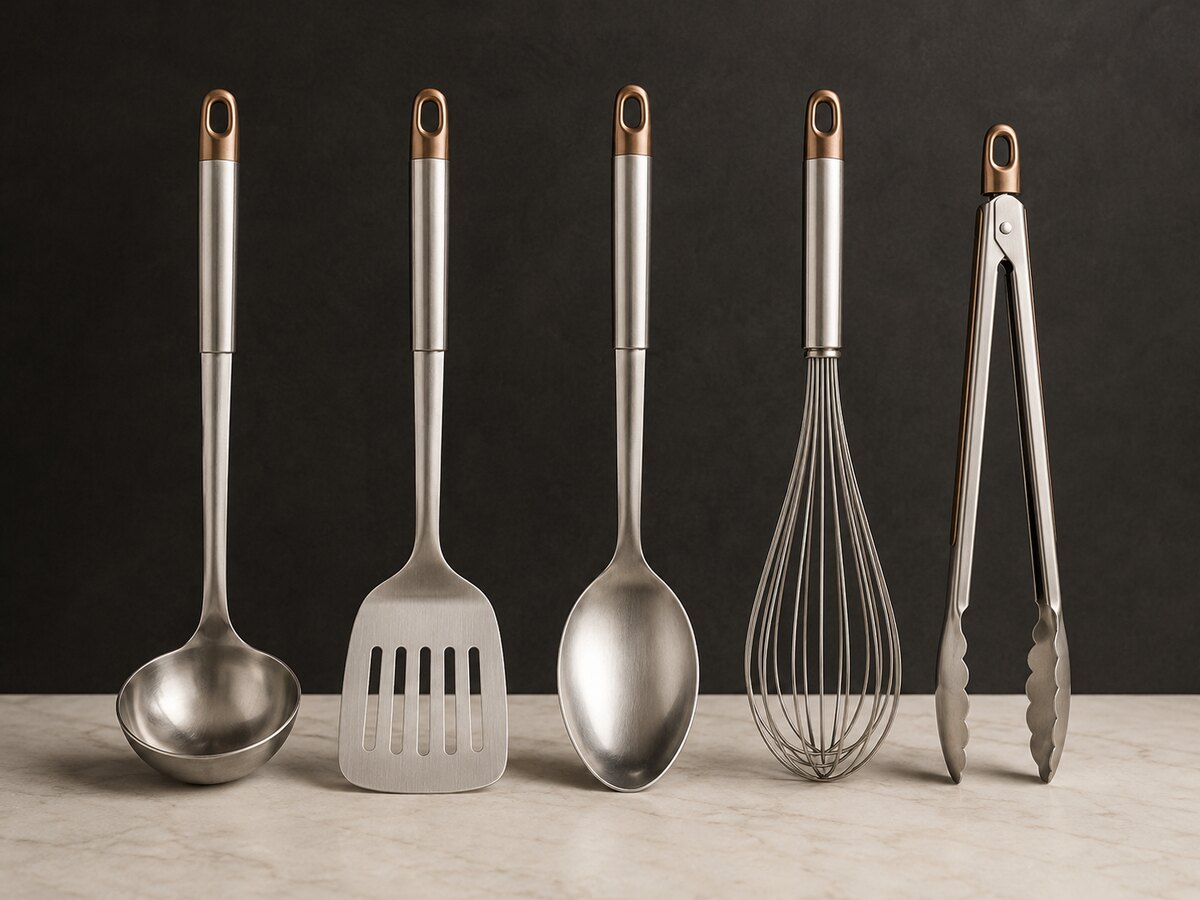A coordinated selection of stainless steel kitchen utensils